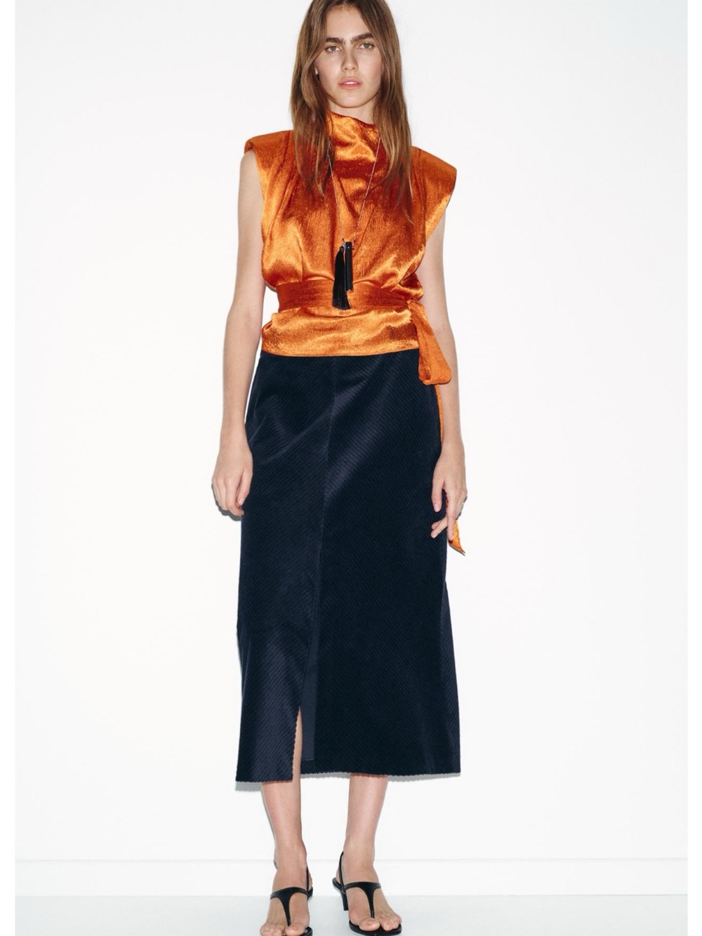 Zara Navy Blue Straight Cordury Midi Skirt